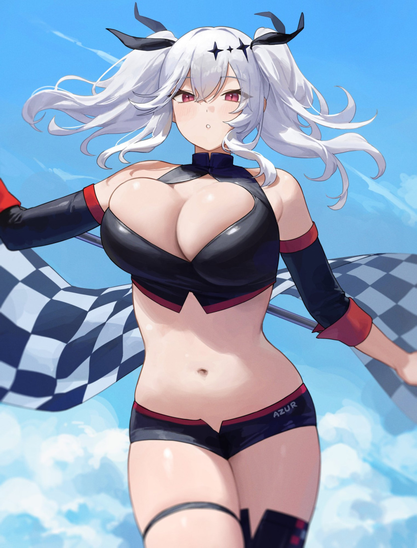 azur_lane bare_shoulders black_shorts boots breasts cleavage cleavage_cutout clothing_cutout detached_sleeves grey_hair hair_between_eyes hair_ornament hair_ribbon highres joffre_(azur_lane) joffre_(blessings'_first_flight)_(azur_lane) large_breasts micro_shorts navel nhaliz official_alternate_costume race_queen red_eyes ribbon shorts single_thigh_boot thigh_boots thigh_strap thighhighs twintails