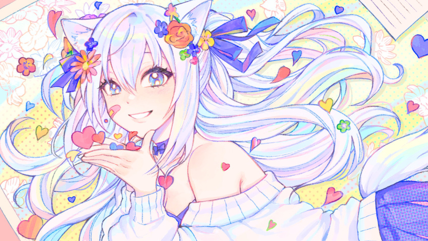 43_pon animal_ear_fluff animal_ears bad_id bad_twitter_id bandaid bandaid_on_face bare_shoulders blue_eyes cat_ears cat_girl female flower hair_between_eyes hair_flower hair_ornament hands_up heart highres long_hair long_sleeves looking_at_viewer noripro off_shoulder open_mouth paper petals shirayuki_mishiro smile solo sweater tail virtual_youtuber white_hair white_sweater