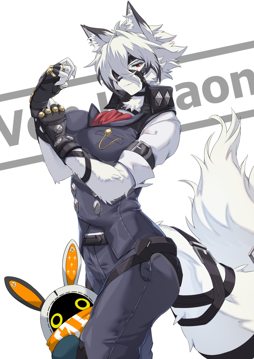 absurdres animal_ears black_gloves black_pants black_vest breasts eyepatch female fingerless_gloves fox_ears fox_girl fox_tail furry furry_female gloves grey_hair highres medium_breasts pants red_eyes shirt solo tail torahime_(roland00) vest von_lycaon white_hair white_shirt white_tail zenless_zone_zero