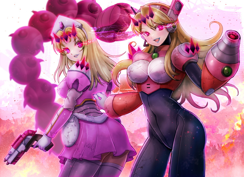 2girls alia_(mega_man) arm_cannon black_bodysuit blonde_hair blue_lips blurry blurry_background bodysuit commission corruption cowboy_shot dark_persona dress glowing glowing_eyes gun highres holding holding_gun holding_weapon kiwakiwa long_hair mega_man_(series) mega_man_x2 mega_man_x_(manga) mega_man_x_(series) multiple_girls pink_arm_warmers pink_dress pink_eyes pixiv_commission thighhighs weapon