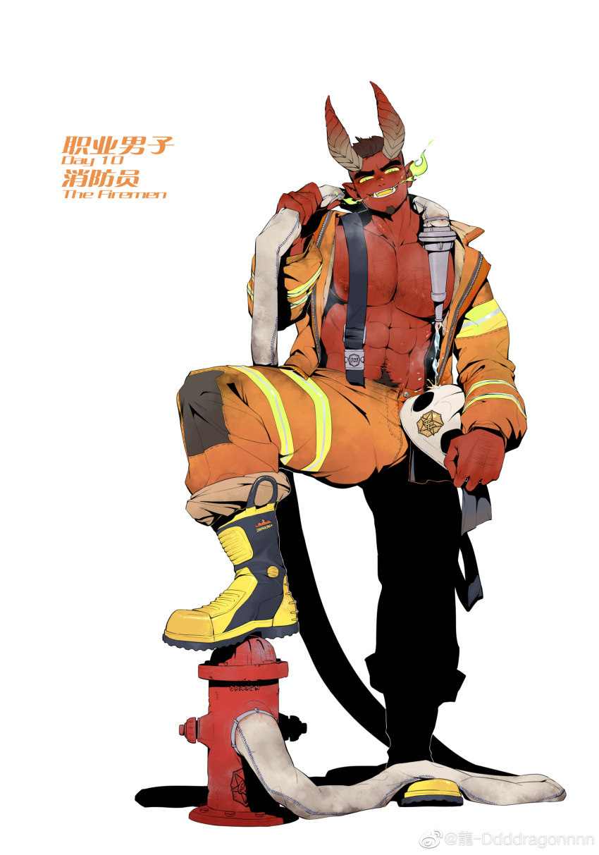 1boy abs absurdres bara bare_pectorals boots colored_sclera colored_skin demon_boy demon_horns dragonpie facial_hair fire fire_extinguisher fire_helmet firefighter firefighter_jacket full_body goatee gradient_horns highres horns hose jacket jumpsuit large_pectorals looking_at_viewer male_focus monster_boy mouth_trail multicolored_horns muscular muscular_male navel navel_hair nipples orange_jumpsuit original pectorals pyrokinesis red_skin short_hair smile solo sparse_stubble standing stomach thick_eyebrows thick_navel_hair yellow_sclera