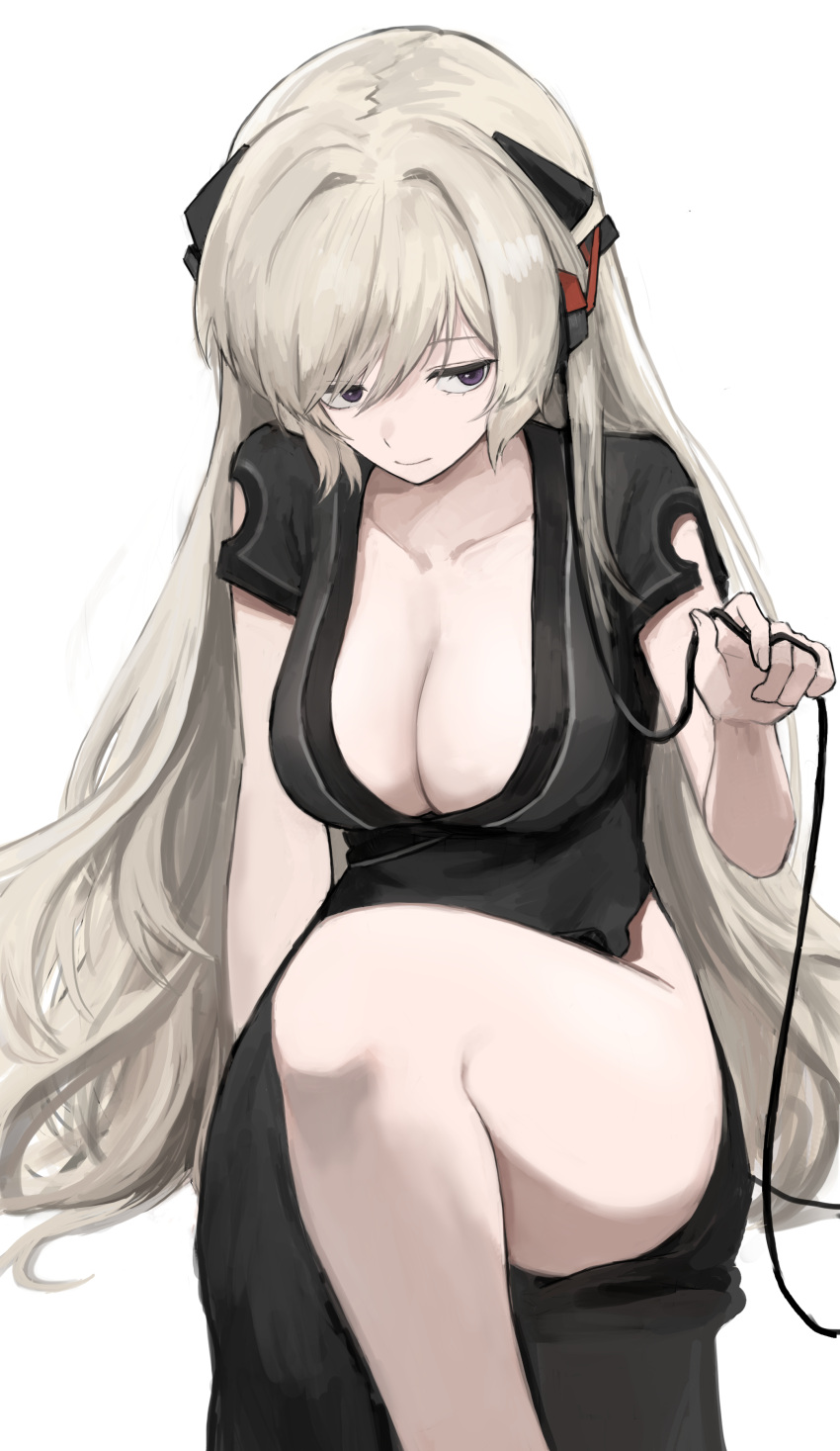 absurdres alternate_costume badnick69_(camchi) black_dress blonde_hair breasts cleavage closed_mouth collarbone commentary_request commission cosplay dress female g3_(girls'_frontline) girls'_frontline highres korean_commentary light_smile long_hair mabinogi nao_(mabinogi) nao_(mabinogi)_(cosplay) pixiv_commission purple_eyes simple_background sitting solo white_background