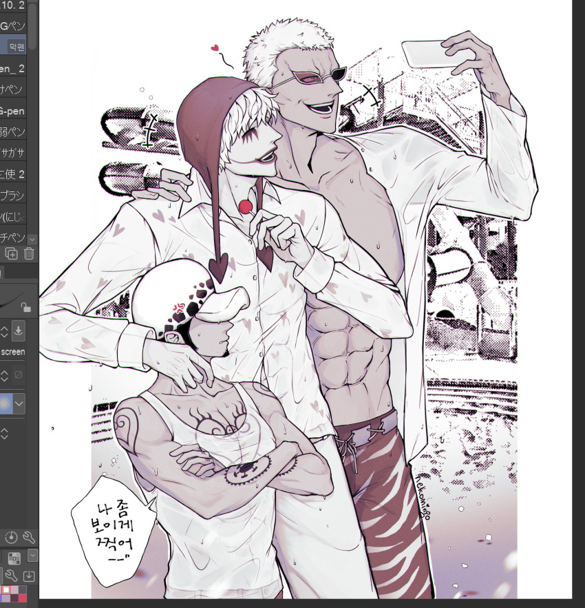 3boys abs absurdres arm_tattoo arm_up artist_name black_hair blonde_hair brothers candy chest_tattoo covered_eyes cowboy_shot donquixote_doflamingo donquixote_rocinante eyes_visible_through_eyewear facial_hair food goatee hat heart heart_print height_difference highres holding holding_candy holding_food holding_lollipop lollipop makeup male_focus multiple_boys muscular muscular_male nekomingo one_piece open_clothes open_mouth open_shirt partially_colored shirt short_hair shoulder_tattoo siblings sideburns sleeveless sleeveless_shirt small_sweatdrop smile speech_bubble sunglasses tattoo teeth trafalgar_law white_hat white_shirt