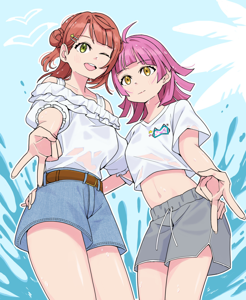 2girls ahoge belt blue_shorts blunt_bangs blunt_ends blush brown_belt closed_mouth commentary_request goldluck green_eyes grey_shorts gyaru_v hair_bun hair_ornament hairclip hand_on_another's_hip highres looking_at_viewer love_live! love_live!_nijigasaki_high_school_idol_club midriff multiple_girls navel one_eye_closed open_mouth pink_hair red_hair shirt short_sleeves shorts single_hair_bun smile standing swept_bangs tennoji_rina uehara_ayumu upper_body v wet white_shirt yellow_eyes