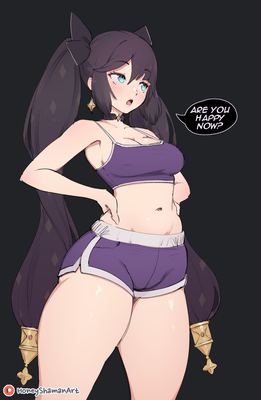 annoyed black_hair blush breasts cleavage female genshin_impact green_eyes highres honeyshaman long_hair looking_away medium_breasts mona_(genshin_impact) navel open_mouth plump short_shorts shorts solo tank_top thick_thighs thighs tsundere tsuntsun twintails very_long_hair