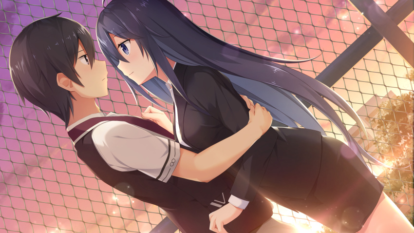 1boy arima_kyouya black_hair black_jacket black_skirt black_vest blue_eyes blush boku_no_mirai_wa_koi_to_kakin_to brown_eyes closed_mouth collared_shirt couple cowboy_shot dusk dutch_angle eye_contact female from_side game_cg hair_between_eyes highres jacket lens_flare long_hair long_sleeves looking_at_another mahara_shiori miniskirt nironiro pencil_skirt rooftop shirt short_hair short_sleeves skirt standing straight straight_hair very_long_hair vest white_shirt wing_collar