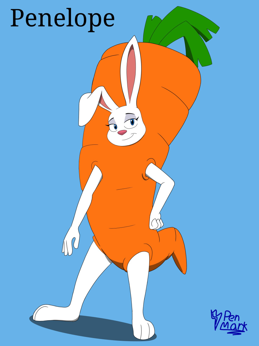 3:4 absurd_res anthro carrot carrot_costume clothing costume female food food_costume front_view grilled hi_res lagomorph leporid mammal penelope_(grilled) penelope_powder penmark plant rabbit simple_background solo standing vegetable