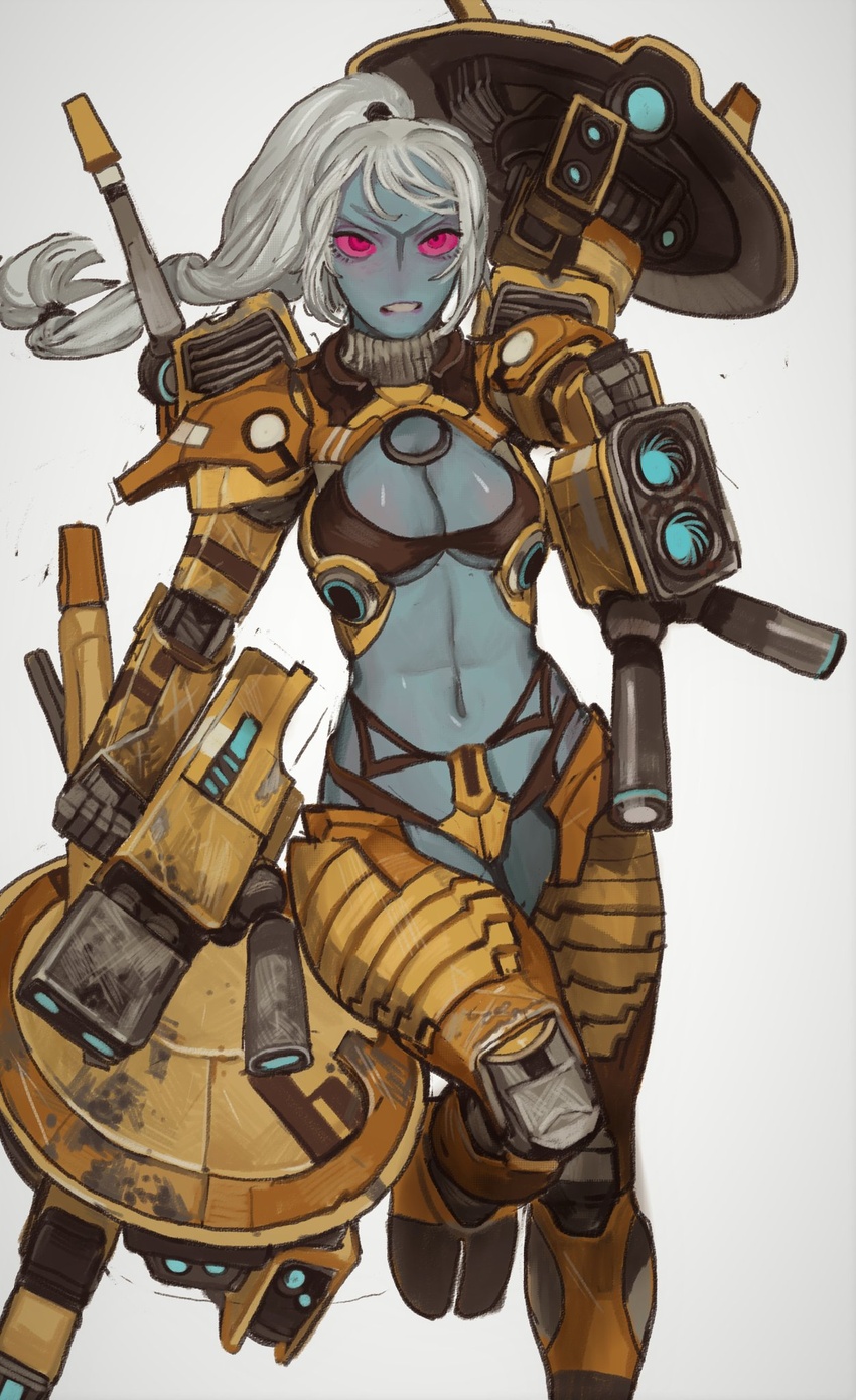 abs alien armor bikini bikini_armor bikini_top_only black_bikini blue_skin breasts cleavage colored_sclera colored_skin commentary drone dual_wielding energy_gun female fewer_digits highres holding leg_armor long_hair low-tied_long_hair mecha_musume midriff mossacannibalis navel no_nose pink_eyes pink_sclera ponytail power_armor purple_lips running shas'o_shaserra silver_hair solo swimsuit t'au teeth toned underboob warhammer_40k weapon