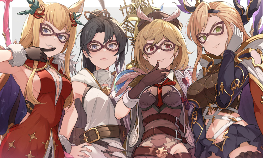 4girls animal_ears armpits black_hair blonde_hair bow_(weapon) breasts commentary_request djeeta_(granblue_fantasy) erune eye_mask granblue_fantasy head_wings hinami_(hinatamizu) long_hair looking_at_viewer mask metera_(granblue_fantasy) mole mole_under_mouth multiple_girls pointy_ears ponytail shitori_(granblue_fantasy) short_hair smile tongue tongue_out tweyen_(granblue_fantasy) weapon wings