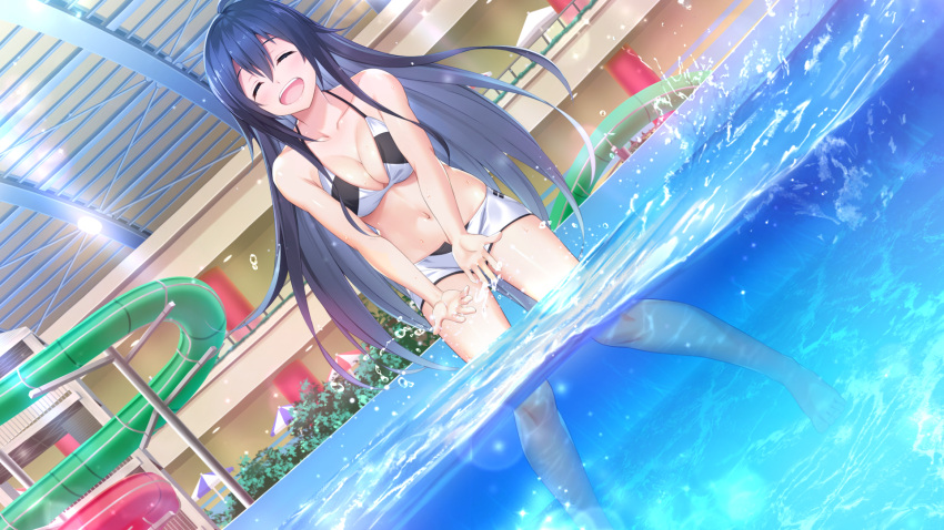 :d ^_^ barefoot bikini bikini_shorts black_bikini blue_hair blush boku_no_mirai_wa_koi_to_kakin_to breasts cleavage closed_eyes collarbone dutch_angle facing_viewer female floating_hair game_cg hair_between_eyes halterneck highres indoors large_breasts long_hair mahara_shiori navel nironiro partially_underwater_shot pool short_shorts shorts smile solo splashing standing swimsuit two-tone_bikini very_long_hair wading white_bikini