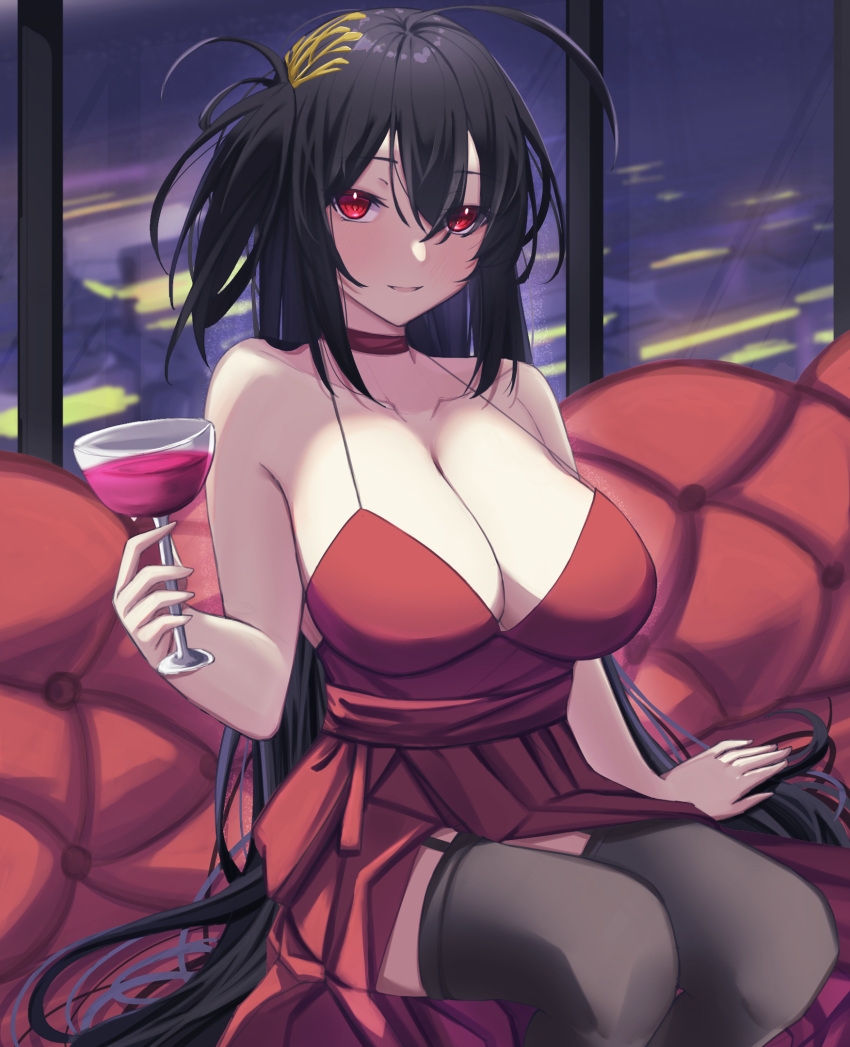 ahoge azur_lane black_garter_straps black_hair black_thighhighs breasts choker cleavage cocktail_dress commentary couch cup dress drinking_glass evening_gown female garter_straps hair_between_eyes hair_ornament highres holding holding_cup huge_breasts indoors light_smile long_hair looking_at_viewer official_alternate_costume on_couch red_choker red_dress red_eyes ref_(pmxt4483) sitting sleeveless sleeveless_dress solo taihou_(azur_lane) taihou_(forbidden_feast)_(azur_lane) thighhighs very_long_hair window