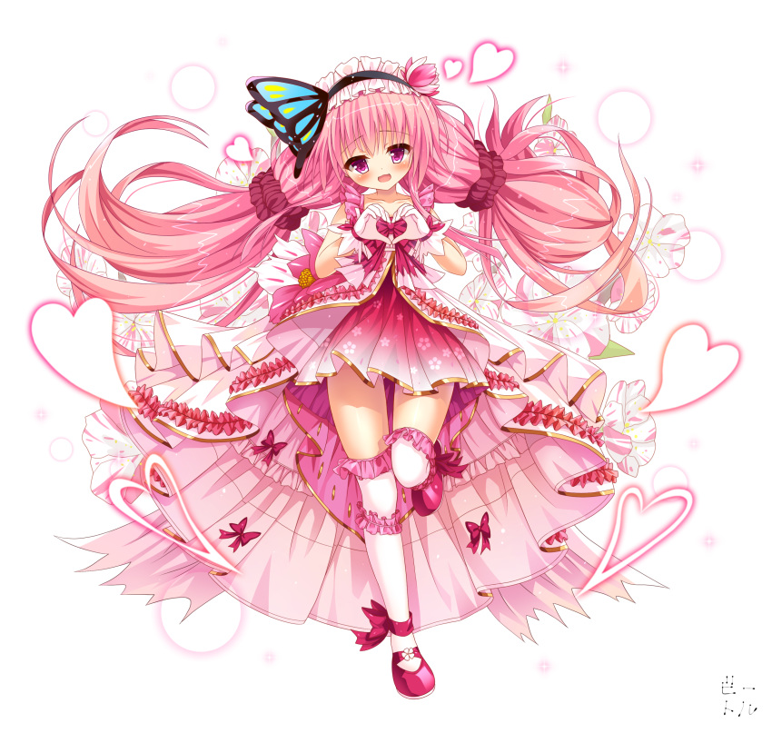 :d absurdres bettle_(b_s_a_n) blush bow butterfly_hair_ornament commentary_request dress dress_bow female flower_knight_girl full_body gloves hair_ornament hanamomo_(flower_knight_girl) heart heart_hands highres long_hair looking_at_viewer open_mouth pink_dress pink_skirt purple_eyes simple_background skirt smile solo standing standing_on_one_leg thighhighs twintails very_long_hair white_background white_gloves white_thighhighs