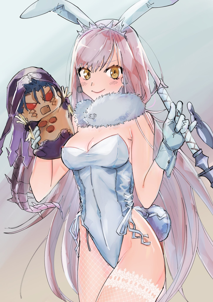 1boy angry animal_ears asymmetrical_legwear chibi cu_chulainn_(fate) detached_collar fate/grand_order fate_(series) female fishnet_pantyhose fishnets fur_collar gloves highres long_hair looking_at_viewer medb_(fate) mini_cu-chan_(fate) mismatched_legwear pantyhose pink_hair playboy_bunny prostate_massager rabbit_ears red_eyes tail thighhighs tiara tsurupika whip white_gloves yellow_eyes