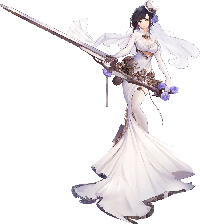 ark_royal_(azur_lane) ark_royal_(pure-white_protector)_(azur_lane) azur_lane black_hair blue_eyes blue_flower blue_rose book breasts bridal_veil bride cleavage dress female flower framed_breasts full_body gloves gun hair_flower hair_ornament hat highres holding holding_gun holding_weapon large_breasts long_dress looking_at_viewer medium_hair mini_hat mkiiiiii official_alternate_costume official_art open_book purple_flower purple_rose rifle rose skindentation solo transparent_background veil weapon wedding_dress white_dress white_gloves