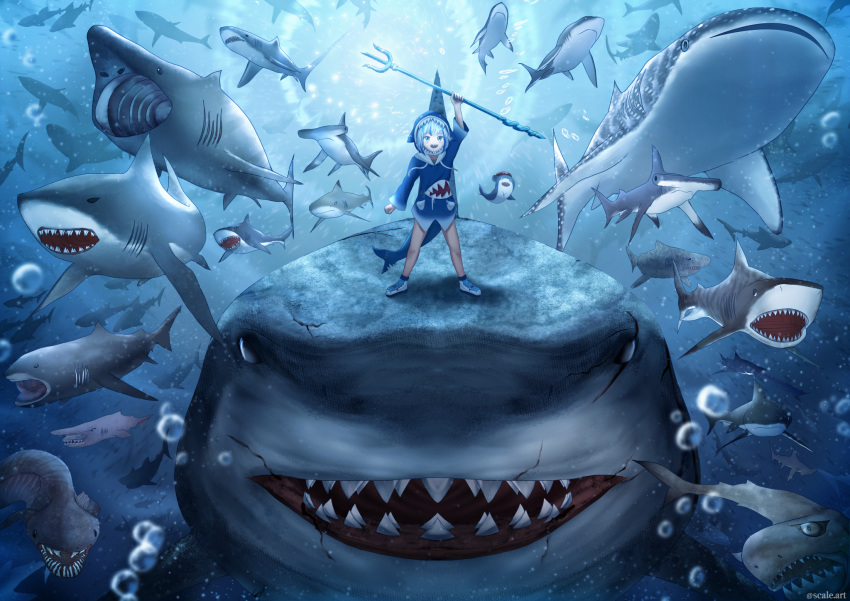 a_(phrase) animal_costume animal_hood basking_shark bloop_(gawr_gura) blue_eyes blue_hair blue_hoodie blunt_bangs commentary cookiecutter_shark cosplay english_commentary female fins fish_skeleton fish_tail frilled_shark gawr_gura gawr_gura_(1st_costume) goblin_shark great_white_shark grey_hair hair_ornament hammerhead_shark highres hololive hololive_english hood hoodie medium_hair megalodon megamouth_shark multicolored_hair polearm rayleigh_scale shark shark_costume shark_girl shark_hair_ornament shark_hood shark_print shark_tail sharp_teeth shoes sleeves_past_wrists sneakers streaked_hair tail teeth thresher_shark tiger_shark trident two_side_up virtual_youtuber weapon whale_shark white_footwear wide_sleeves