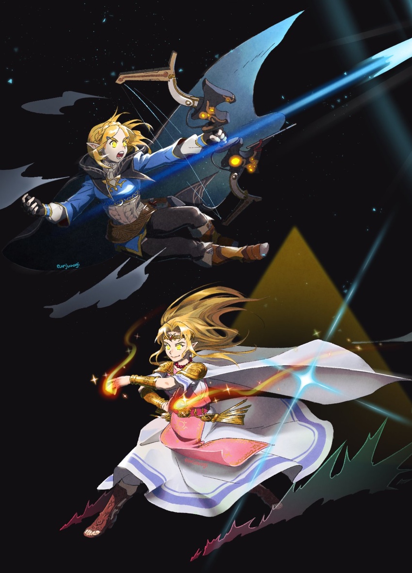 2girls bad_id bad_twitter_id blonde_hair blue_eyes bow_(weapon) braid cape dress earrings eunjuragi final_smash gloves glowing glowing_eyes gown green_eyes hair_ornament hairclip highres jewelry korean_commentary long_dress long_hair multiple_girls open_mouth pointy_ears princess_zelda short_hair simple_background smile super_smash_bros. the_legend_of_zelda the_legend_of_zelda:_a_link_between_worlds the_legend_of_zelda:_tears_of_the_kingdom tiara triforce tunic weapon yellow_eyes