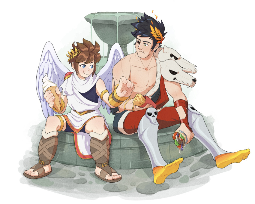 2boys :t ancient_greek_clothes angel_wings barefoot belt black_hair black_sclera blue_eyes brown_hair colored_sclera commentary crossover eating english_commentary food fountain french_fries greco-roman_clothes green_eyes gyro hades_(series) hades_1 heterochromia highres ice_cream ice_cream_cone jamie_loughran kid_icarus laurel_crown male_focus mismatched_sclera multiple_boys pit_(kid_icarus) red_eyes sandals shawarma shorts single_bare_shoulder sitting skull wings wrap_(food) zagreus_(hades)