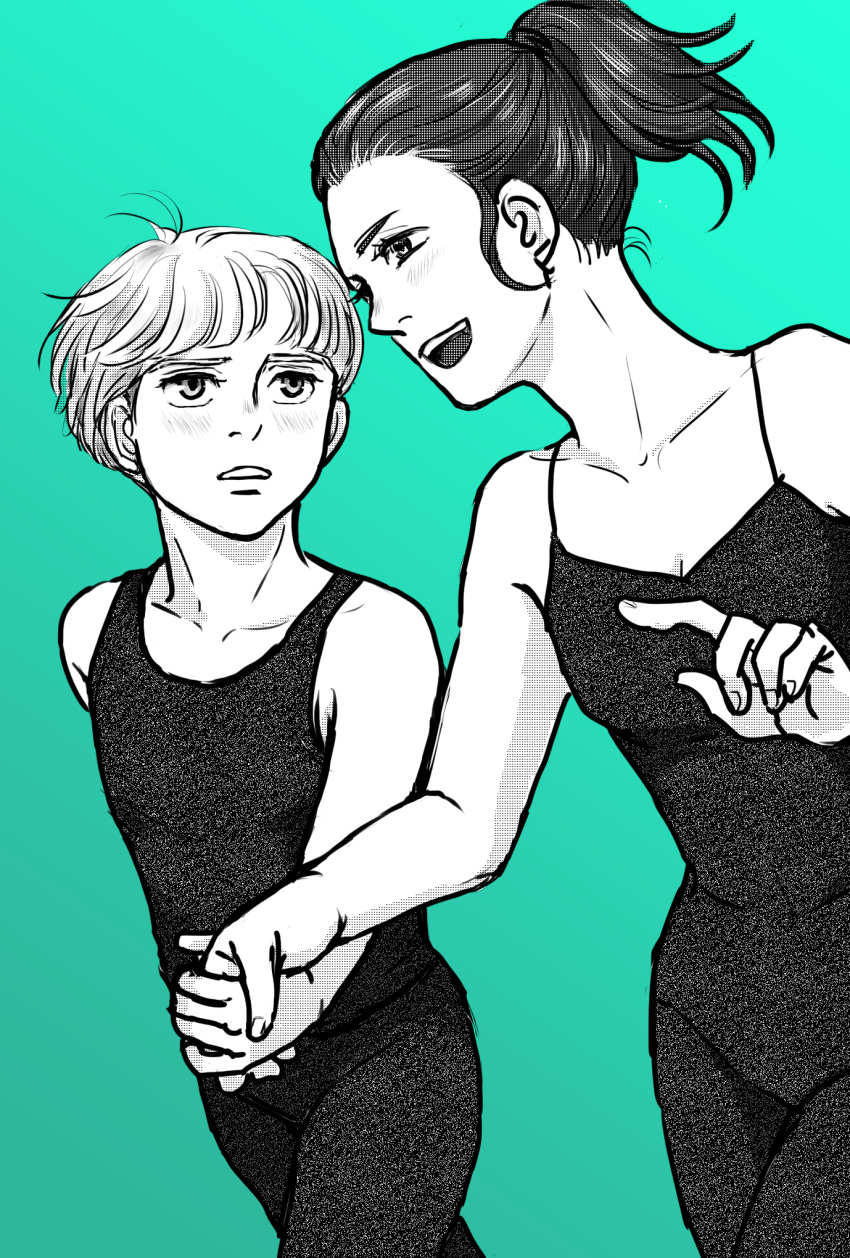 1boy aged_down aqua_background blush commentary_request female green_theme highres holding_hands koizumi_riu lolicon mila_babicheva monochrome open_mouth pointing ponytail smile tank_top yuri!!!_on_ice yuri_plisetsky