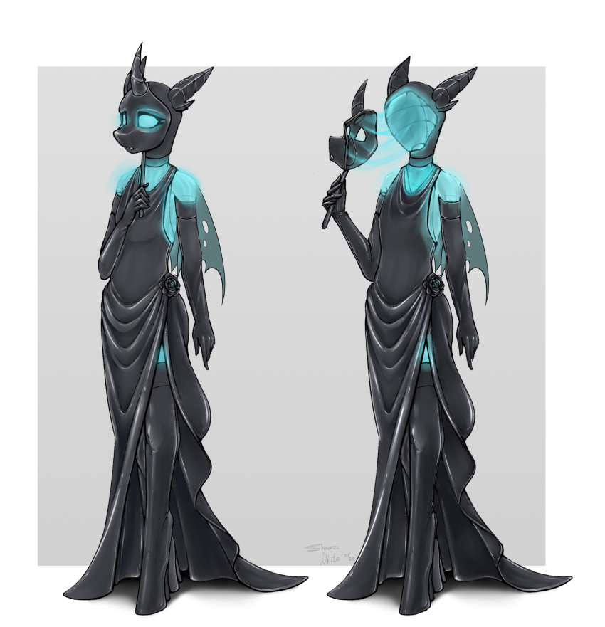 absurd_res anthro armwear arthropod changeling clothing dress elbow_gloves ethereal femboy friendship_is_magic gloves handwear hasbro hi_res latex latex_clothing latex_dress legwear long_dress lovecraftian_(genre) male mask my_little_pony shamziwhite solo standing thigh_highs wings