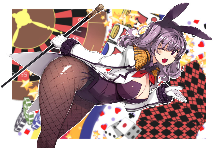 adapted_costume animal_ears black_pantyhose breasts cane epaulettes fake_animal_ears female fishnet_pantyhose fishnets frilled_sleeves frills gloves highleg highleg_leotard highres holding holding_cane jacket kantai_collection kashima_(kancolle) large_breasts leotard long_sleeves mil_(xration) military_jacket neckerchief open_clothes open_jacket pantyhose playboy_bunny purple_eyes purple_hair purple_leotard rabbit_ears red_neckerchief sidelocks solo twintails wavy_hair white_gloves white_jacket