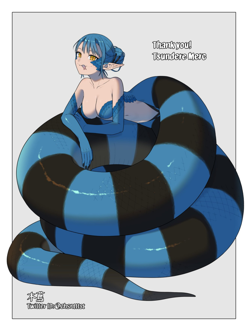 artist_name black_nails black_scales blue_hair blue_scales coiled commission female fingernails forked_tongue full_body grey_background hair_bun highres kizuta_(barometz) lamia long_pointy_ears looking_at_viewer monster_girl original pointy_ears scales sharp_fingernails short_hair skeb_commission slit_pupils solo tongue tongue_out yellow_eyes