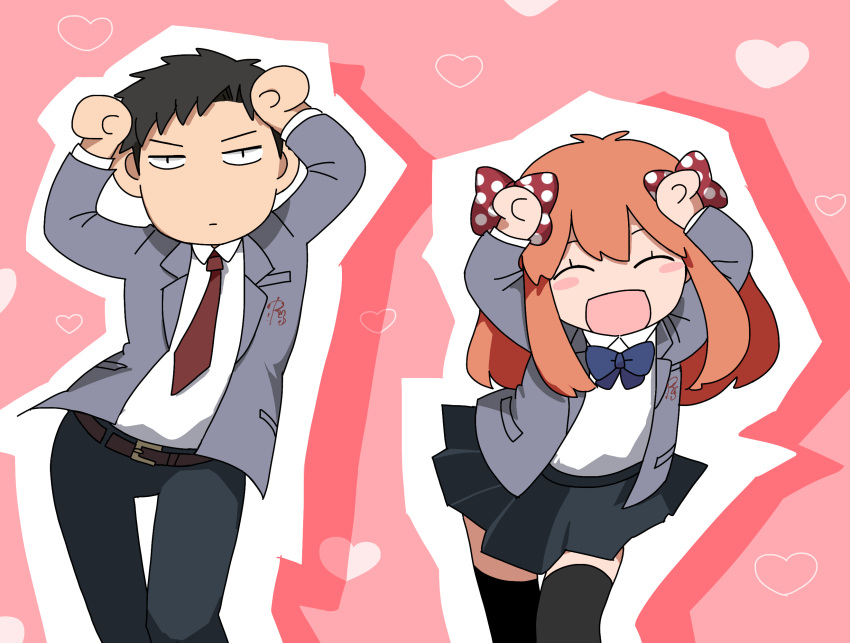 1boy ^_^ arms_up belt black_eyes black_hair black_pants black_thighhighs blazer blush_stickers bow caramelldansen closed_eyes commentary_request dancing female gekkan_shoujo_nozaki-kun hairbow heart heart_background highres jacket karubobo necktie nozaki_umetarou open_mouth orange_hair pants pink_background pleated_skirt polka_dot polka_dot_bow rouman_academy_school_uniform sakura_chiyo school_uniform skirt smile thighhighs