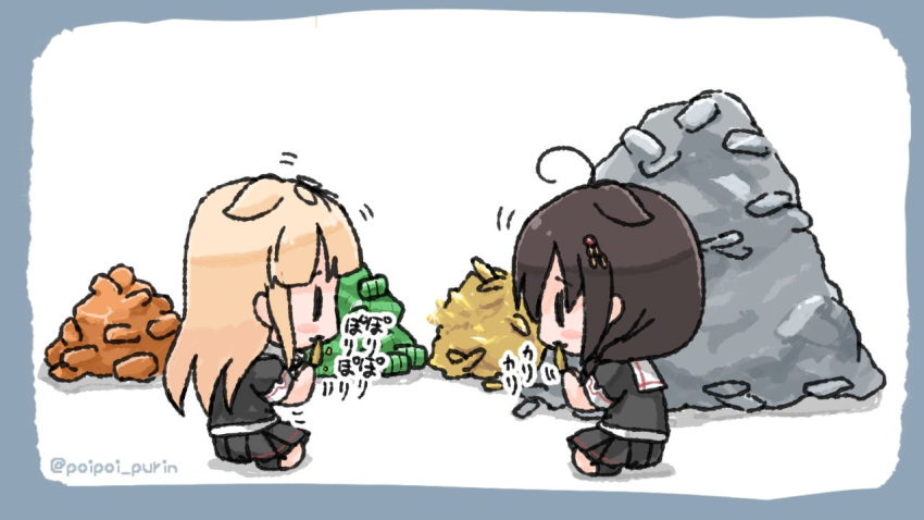 2girls ahoge ammunition bauxite blonde_hair blush border brown_hair chibi commentary_request drum_(container) eating hair_flaps hair_ornament hair_ribbon hairclip kantai_collection long_hair multiple_girls poipoi_purin ribbon sailor_collar school_uniform serafuku shigure_(kancolle) shigure_kai_ni_(kancolle) short_sleeves simple_background sitting skirt steel_ingot twitter_username yuudachi_(kancolle) yuudachi_kai_ni_(kancolle)