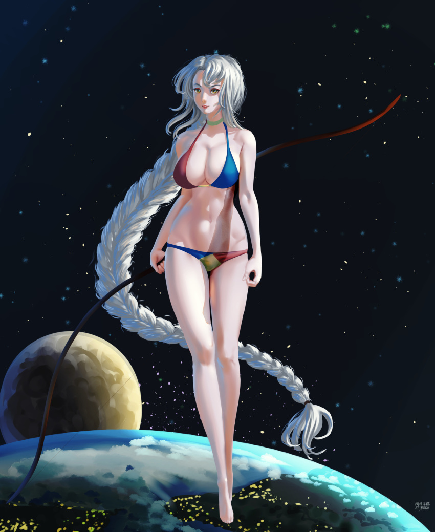 absurdly_long_hair azibuda bad_id bad_pixiv_id barefoot bikini blue_bikini bow_(weapon) braid breasts brown_eyes cleavage earth_(planet) female giant giantess highres holding holding_bow_(weapon) holding_weapon in_orbit large_breasts long_braid long_hair looking_at_viewer moon navel planet red_bikini single_braid sky solo space star_(sky) starry_sky swimsuit touhou two-tone_bikini very_long_hair weapon white_hair yagokoro_eirin