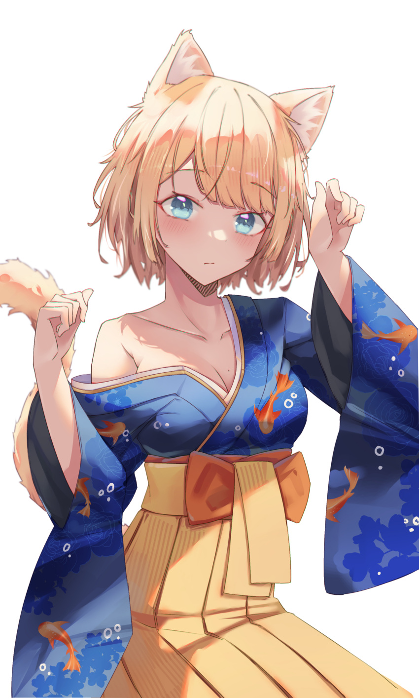 absurdres animal_ears animal_print blonde_hair blue_eyes blue_kimono bob_cut breasts cat_ears commentary english_commentary female fish_print goldfish_print hakama highres hololive hololive_english japanese_clothes kimono medium_hair messy_hair obi off_shoulder official_alternate_costume paw_pose sash shironekokfp sitting skirt solo virtual_youtuber watson_amelia watson_amelia_(new_year) yellow_skirt yellow_tail yukata