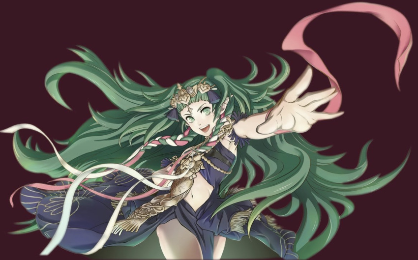 armpits bare_shoulders blue_dress blunt_bangs braid cowboy_shot dress female final_smash fire_emblem fire_emblem:_three_houses fringe_trim game_cg green_eyes green_hair hair_ribbon headpiece long_hair looking_at_viewer navel official_art outstretched_arm pink_ribbon pointy_ears red_background revealing_clothes ribbon ribbon_braid simple_background smile solo sothis_(fire_emblem) stomach super_smash_bros. tassel thighs twin_braids v-shaped_eyebrows very_long_hair white_ribbon