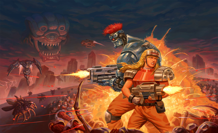 1990s_(style) 1boy armor back-to-back battle battle_rifle blazing_chrome blue_eyes breastplate commentary cover cyborg cyclops doyle dudu_torres english_commentary explosion female firing forehead_protector gun highres knee_pads long_hair mavra mecha mohawk muzzle_flash official_art one-eyed pauldrons promotional_art realistic red_hair retro_artstyle rifle robot science_fiction shoulder_armor video_game_cover weapon