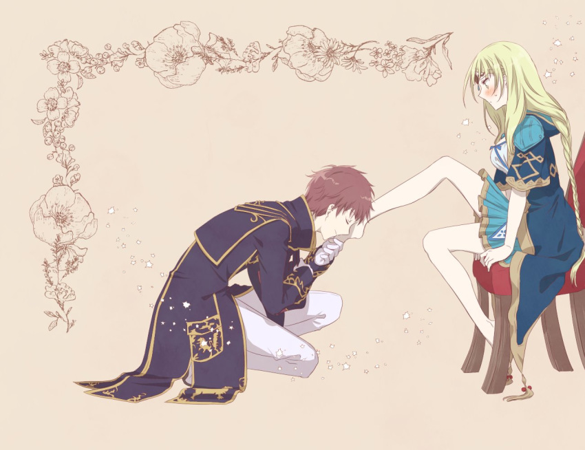 1boy atelier_(series) atelier_lulua brown_hair chair circlet closed_eyes couple female ficus_finis kissing_leg kneeling long_hair looking_at_another piana_(atelier) satsu sitting straight yellow_eyes