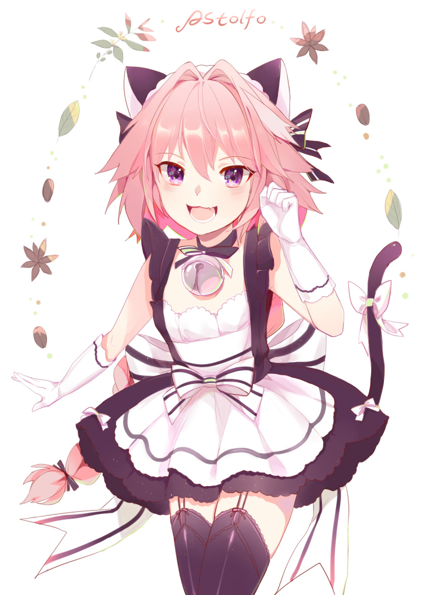 1boy :3 :d alternate_costume animal_ears apron astolfo_(fate) bell black_bow black_choker black_dress black_thighhighs blush bow braid cat_boy cat_ears cat_tail character_name choker commentary cowboy_shot dot_nose dress dress_bow elbow_gloves enmaided fate/apocrypha fate_(series) flower frilled_dress frills garter_straps gloves hair_between_eyes hair_intakes hairbow hand_up heihei highres jingle_bell kemonomimi_mode lace lace-trimmed_legwear lace_trim large_bow leaf long_hair looking_at_viewer maid maid_apron maid_headdress male_focus multicolored_hair neck_bell oerba_yun_fang open_mouth otoko_no_ko paw_pose petals pink_hair purple_eyes short_dress simple_background single_braid sleeveless sleeveless_dress smile solo standing streaked_hair striped striped_bow tail tail_bow tail_ornament tail_raised thighhighs very_long_hair white_apron white_background white_bow white_gloves white_hair zettai_ryouiki