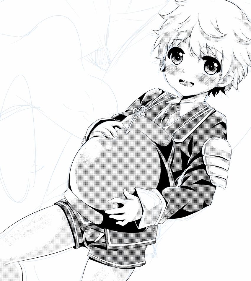 1boy absurdres akita_toushirou armor blush commentary_request fake_pregnancy highres male_focus monochrome necktie o-mars open_mouth pantyhose plate_armor shorts simple_background smile solo touken_ranbu uniform white_background