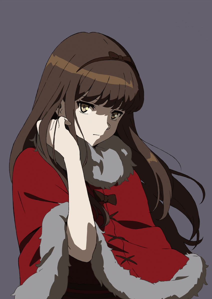 absurdres black_bow black_hairband bow brown_eyes brown_hair female floating_hair grey_background hairband hand_in_own_hair highres kurenaino_aria long_hair looking_at_viewer occultic;nine simple_background solo standing upper_body very_long_hair