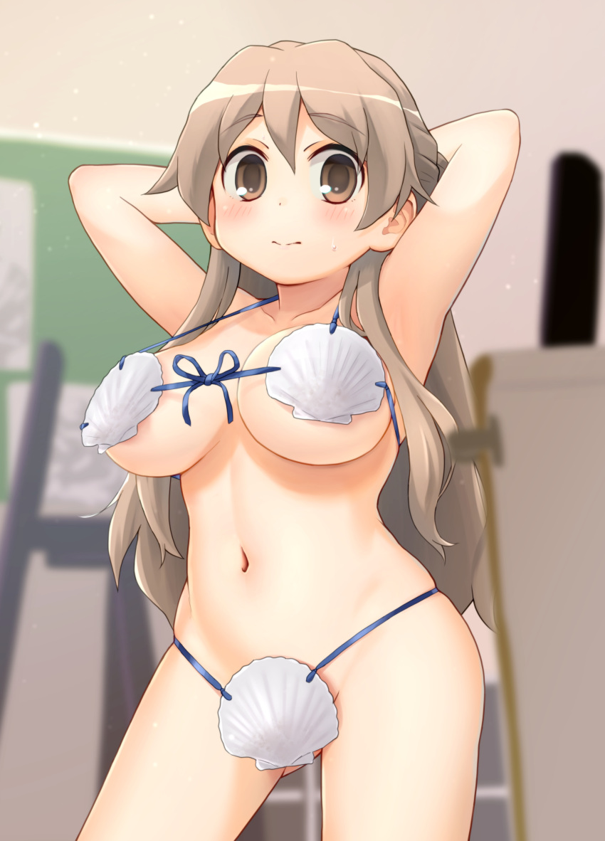 absurdres armpits arms_up bikini blue_ribbon blush breasts brown_eyes brown_hair embarrassed female ga_geijutsuka_art_design_class hair_between_eyes highres hirame_guard large_breasts looking_at_viewer navel ribbon shell shell_bikini skindentation solo sweatdrop swimsuit usami_mayumi