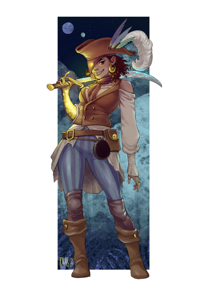 artsynada ascot bad_source bare_shoulders belt belt_pouch bicorne blue_pants boots border brown_ascot brown_belt brown_eyes brown_footwear brown_hair contrapposto dark-skinned_female dark_skin earrings female full_body full_moon glowing_skin grin hat hat_feather highres holding holding_sword holding_weapon jewelry long_sleeves looking_at_viewer medium_hair moon multiple_moons over_shoulder pants plume pouch rasea_zecrew ring scimitar sharp_teeth signature smile solo standing striped_clothes striped_pants sword teeth the_wandering_inn weapon weapon_over_shoulder white_border