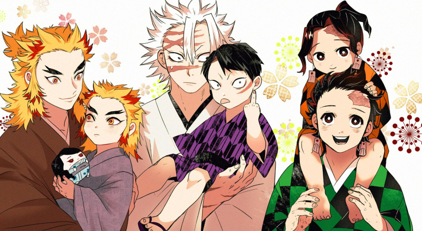 6+boys :d :p age_switch aged_down aged_up barefoot black_hair blonde_hair brown_hair brown_kimono carrying character_doll checkered_clothes child_carry colored_tips earrings father_and_son forked_eyebrows green_kimono grey_kimono hanafuda_earrings hand_on_another's_head highres holding holding_toy japanese_clothes jewelry kamado_tanjirou kamado_tanjurou kimetsu_no_yaiba kimono korean_commentary lolicon long_sleeves looking_at_another looking_at_viewer looking_away male_focus medium_hair middle_finger multicolored_hair multiple_boys orange_kimono purple_kimono red_hair rengoku_kyoujurou rengoku_shinjurou scar scar_on_face scar_on_forehead scar_on_nose shinazugawa_kyougo shinazugawa_sanemi short_hair shoulder_carry smile streaked_hair tongue tongue_out toy umu_umu_0 white_background white_hair white_kimono