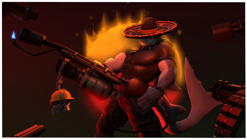 16:9 3d_(artwork) alpha_channel anthro border clothed clothing digital_media_(artwork) fish flamethrower gatling_gun grenade_launcher group gun hammerhead_(petruz) hat headgear headwear hi_res holding_object holding_weapon machine_gun male marine minigun muscular muscular_anthro muscular_male petruz_(copyright) photolol.03 pyro_(team_fortress_2) ranged_weapon shark shotgun smile source_filmmaker_(artwork) team_fortress_2 transparent_border valve weapon widescreen