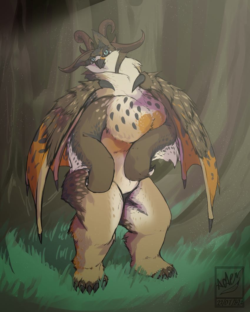 4:5 absurd_res acaen anthro arm_tuft avian beak bear biped bird black_beak blue_eyes breasts brown_body brown_fur caraway claws draconic dragon dungeons_and_dragons featureless_breasts featureless_crotch female forest forest_background fur furred_wings grass hasbro hi_res horn hybrid leg_tuft mammal multicolored_body multicolored_fur mythological_creature mythological_scalie mythology nature nature_background nude owl owlbear plant scalie solo tan_body tan_fur thick_thighs tree tuft wide_hips wings wizards_of_the_coast