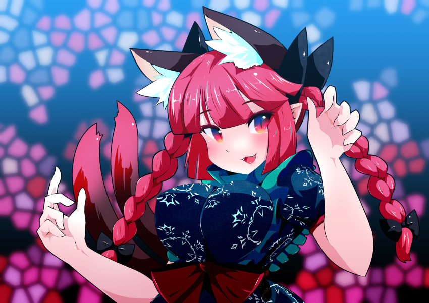 :3 :d animal_ear_fluff animal_ears black_bow blue_dress blunt_bangs blurry blurry_background blush bow braid breasts cat_ears cat_tail dress extra_ears fangs female floral_print foul_detective_satori frills gachirin_(mint0527) hairbow hands_up highres kaenbyou_rin long_hair looking_at_viewer medium_breasts mosaic_background multiple_tails nekomata pointy_ears puffy_short_sleeves puffy_sleeves red_bow red_eyes red_hair short_sleeves slit_pupils smile solo stained_glass tail touhou tsurime twin_braids twintails two_tails upper_body waist_bow