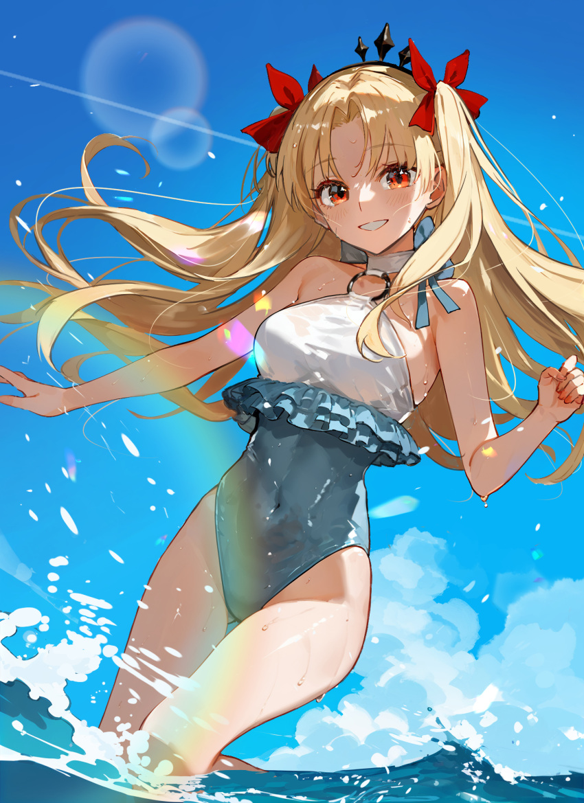 blonde_hair chef_no_kimagure_salad cloud commentary_request covered_navel ereshkigal_(fate) fate/grand_order fate_(series) female grin hair_ribbon highleg highleg_one-piece_swimsuit highres looking_at_viewer ocean official_alternate_costume one-piece_swimsuit parted_bangs partially_submerged red_eyes red_ribbon ribbon smile solo space_ereshkigal_(fate) space_ereshkigal_(first_ascension)_(fate) sunlight swimsuit two_side_up water