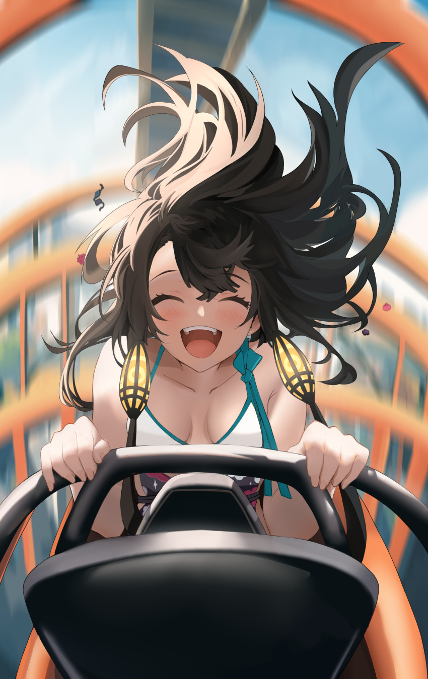 :d ^_^ bare_arms bikini black_hair blush breasts breasts_apart closed_eyes collarbone commentary_request day eyelashes facing_viewer fate/grand_order fate_(series) female floating_hair hair_between_eyes happy highres katsushika_hokusai_(fate) katsushika_hokusai_(swimsuit_saber)_(fate) long_hair medium_breasts motion_blur open_mouth outdoors phaethonvt roller_coaster sidelighting sitting smile solo straight-on swimsuit teeth upper_body upper_teeth_only white_bikini