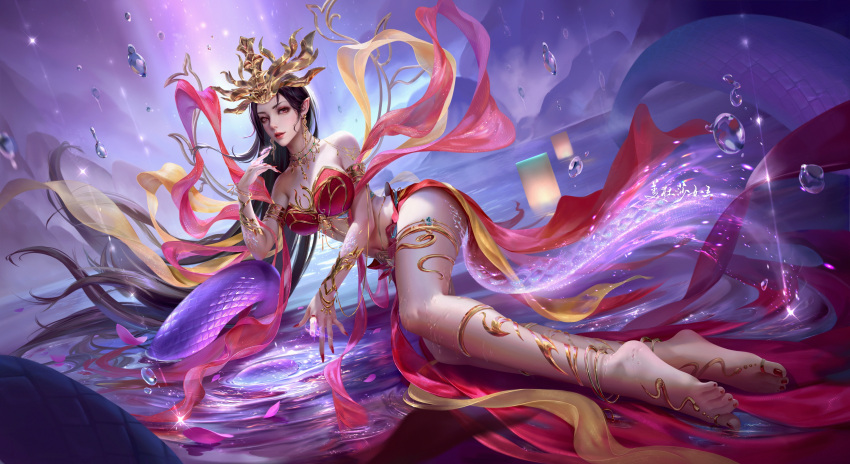 absurdres anklet armlet barefoot black_hair cai_lin_(doupo_cangqiong) doupo_cangqiong earrings female full_body hagoromo hair_ornament highres jewelry lantern long_hair necklace red_skirt red_tube_top ripples second-party_source shawl sitting_on_water skirt snake_tail solo strapless tail thighlet tiara tube_top water water_drop zhishi_danjuan_c