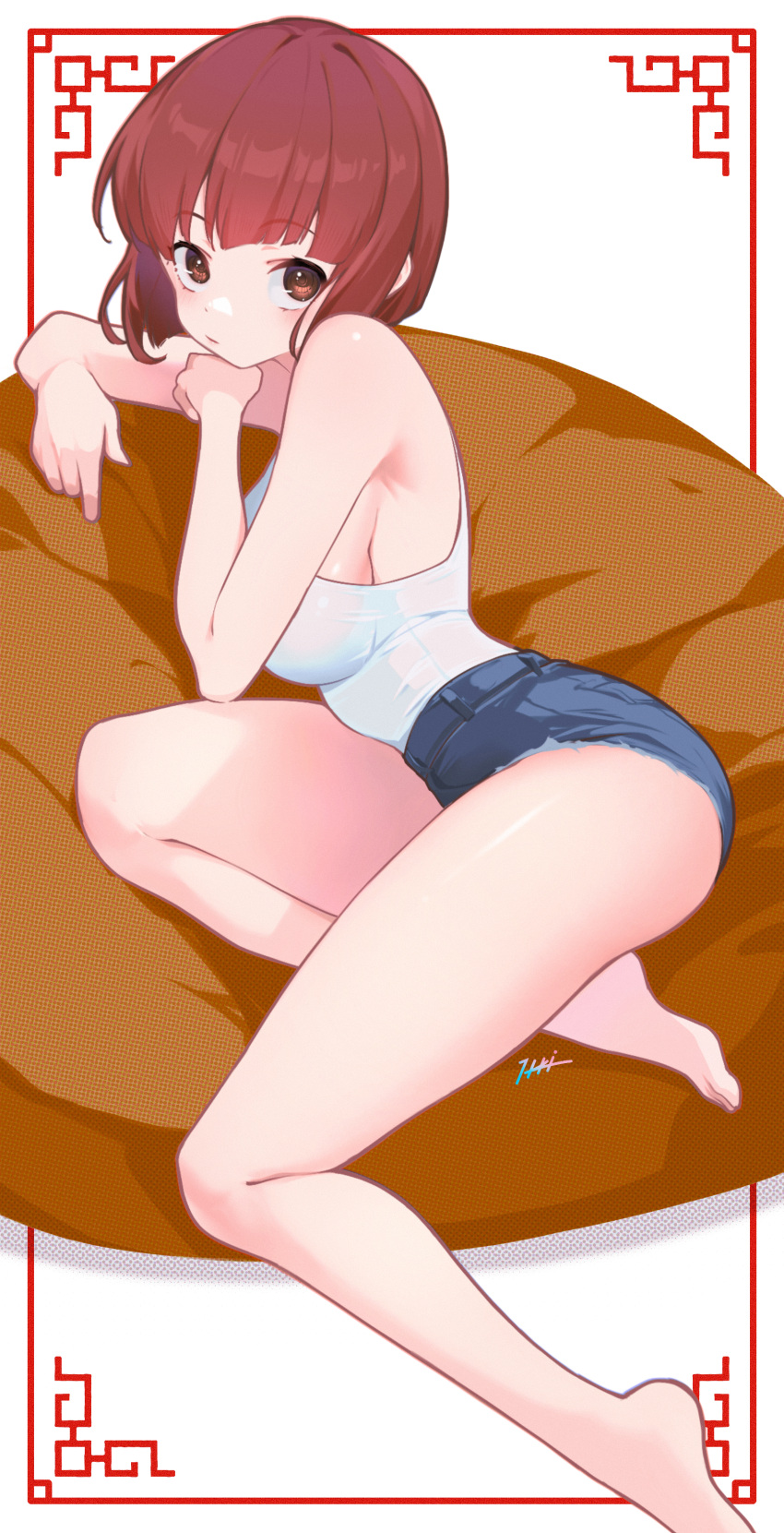 absurdres bare_arms bare_legs bare_shoulders barefoot bean_bag_chair blue_shorts bob_cut border breasts brown_eyes brown_hair closed_mouth commentary_request denim denim_shorts expressionless feet female highres itou_kazuki large_breasts legs light_blush looking_at_viewer lying on_side ornate_border ranma_1/2 short_hair short_shorts shorts signature simple_background solo tank_top tendou_nabiki toes white_background white_tank_top