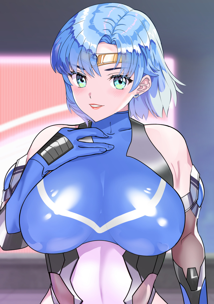 absurdres arion_canvas bishoujo_senshi_sailor_moon blue_hair bodysuit breasts female gloves green_eyes highres large_breasts looking_at_viewer magical_girl mizuno_ami sailor_mercury short_hair skin_tight smile solo