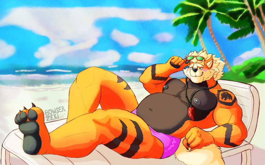 absurd_res anthro arcanine beach beard blush bowserzeki canid canine canis chair clear_sky clothing eyewear eyewear_on_head facial_hair furniture generation_1_pokemon green_eyes grinning_at_viewer hi_res jewelry kodiak_(kodiak079) lounge_chair lying male mammal musclegut muscular navel nintendo nipples palm_tree pendant plant pokemon pokemon_(species) seaside sky solo speedo sunglasses sunglasses_on_head swimwear tattoo tree wolf