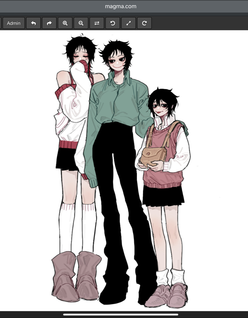 3boys art_program_in_frame black_eyes black_footwear black_hair black_pants black_skirt boots brown_bag brown_footwear chinese_commentary closed_eyes closed_mouth collared_shirt commentary_request crossdressing full_body green_shirt hand_on_another's_shoulder height_difference height_lineup highres jacket liu_jingping long_sleeves male_focus miniskirt multiple_boys nibadan otoko_no_ko pants pleated_skirt red_sweater_vest shirt short_hair shou_qianhui simple_background skirt sleeves_past_fingers sleeves_past_wrists smile socks sweater_vest tongue tongue_out touqi_guaitan wang_xincheng white_background white_jacket white_shirt white_socks