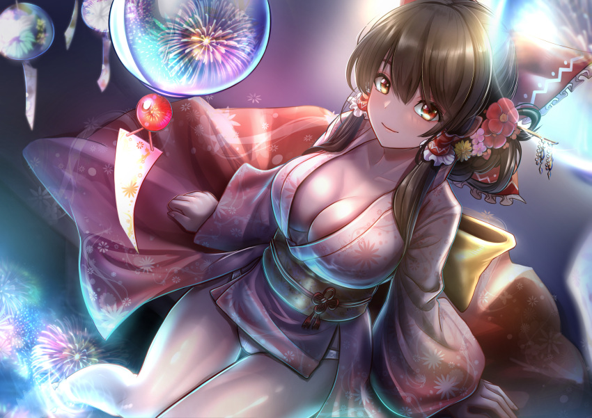 alternate_costume bow breasts brown_hair cleavage closed_mouth commentary_request female fireworks flower frilled_bow frilled_hair_tubes frills hair_flower hair_ornament hair_stick hair_tubes hairbow hakurei_reimu highres japanese_clothes kanzashi kimono long_hair long_sleeves looking_at_viewer miyakura_haruto obi obijime panties pink_kimono red_bow reflection reflective_water sash short_kimono short_yukata sitting smile solo thighs touhou underwear water wide_sleeves wind_chime yukata