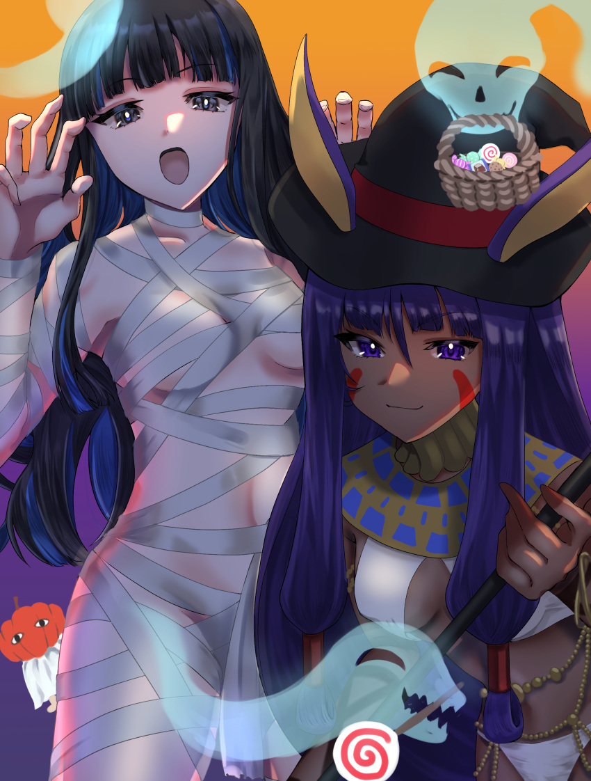 2girls absurdres animal_ears bandages black_hair blue_hair candy dark_skin facial_mark fate/grand_order fate_(series) food halloween hat highres long_hair looking_at_viewer multiple_girls mummy_costume nitocris_(fate) pon-de-c2 pumpkin rabbit_ears smile tenochtitlan_(fate) wavy_hair